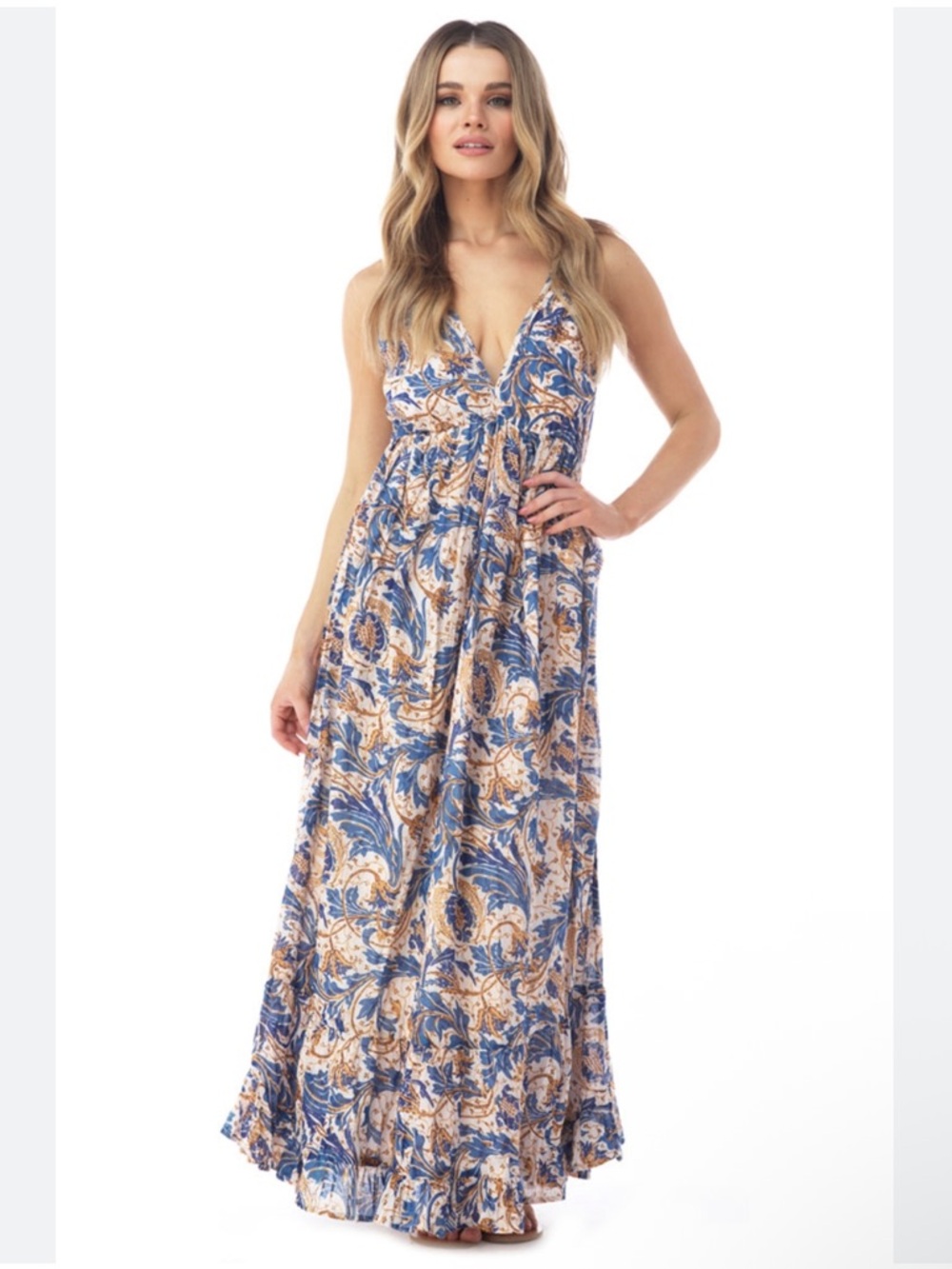 Chelsea & Violet Blue and Tan Paisley Maxi Dress